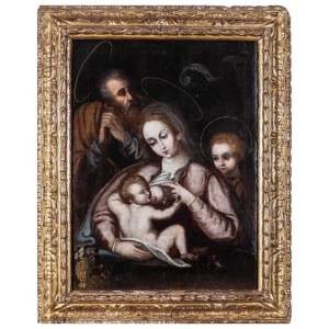 Óleo Sobre Lienzo de la "Sagrada Familia con el Niño San Juan", del Siglo XVII