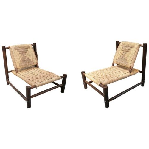 Pareja de Sillones de Madera Oscura Hechos a Mano con Respaldo y Asiento de Cuerda