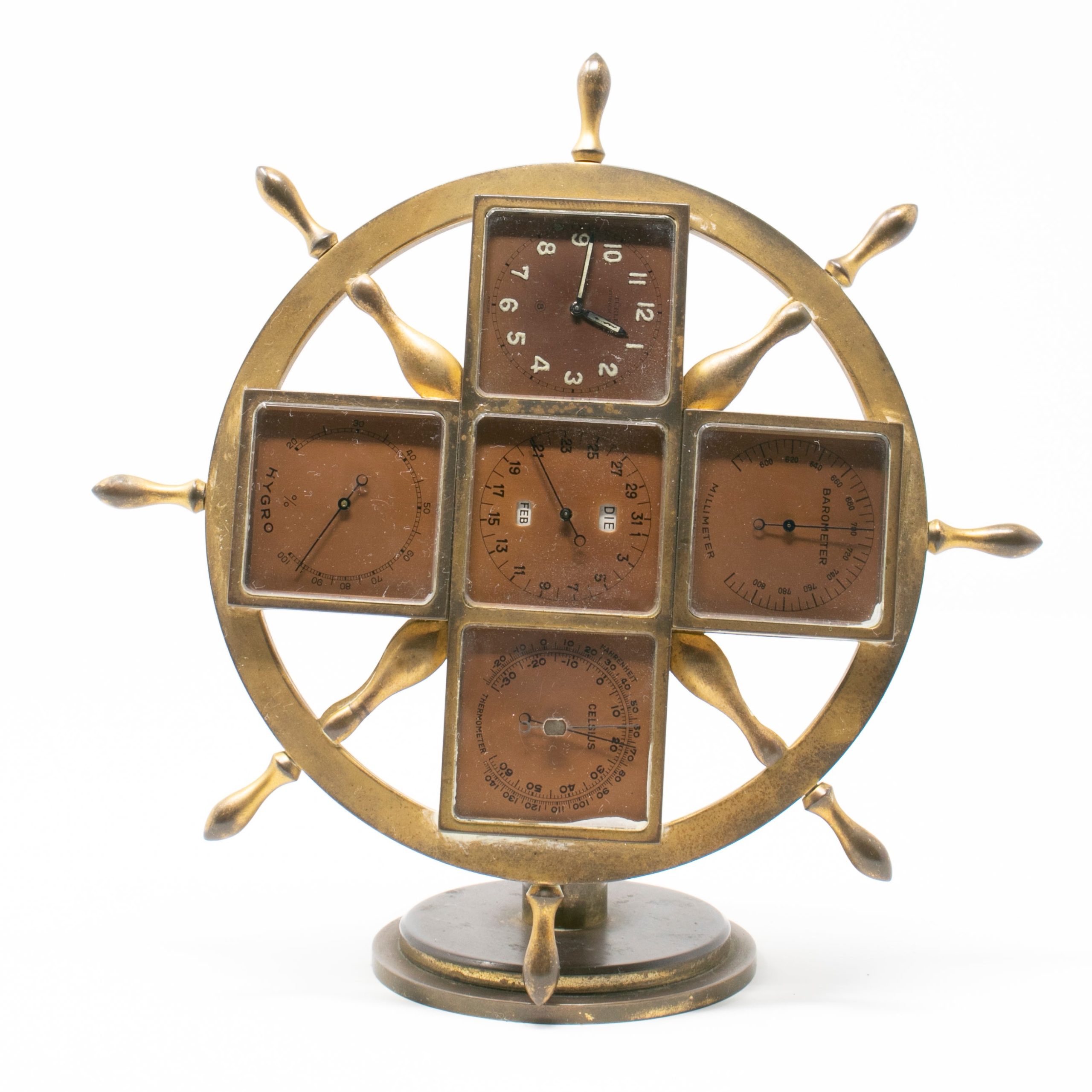 Reloj de Sobremesa en Forma de Rueda de Barco de Bronce, del Siglo XIX