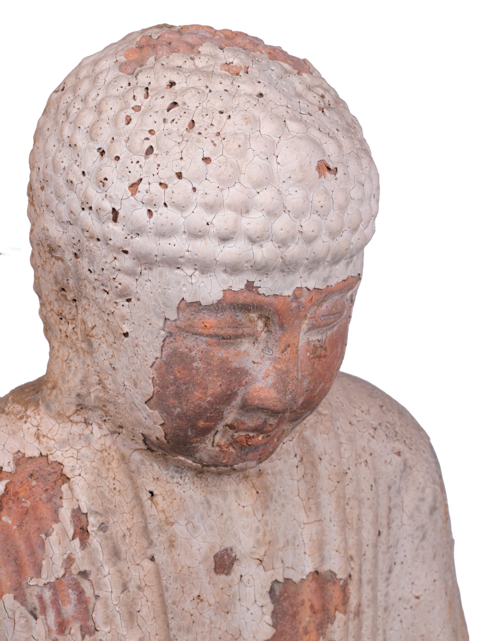 Escultura de Buda Sentado de Terracota con Acabado Blanco Envejecido