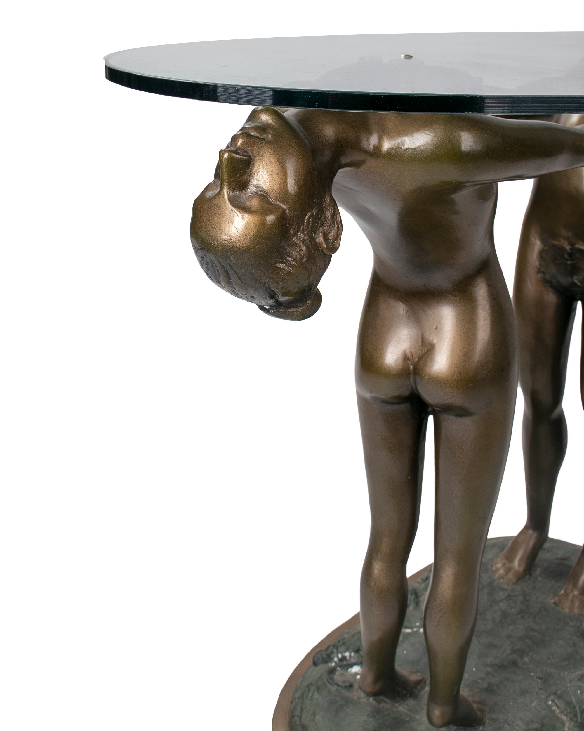 Mesa de Pedestal con Hombre y Mujer de Bronce con Tapa de Cristal, de los Años 80