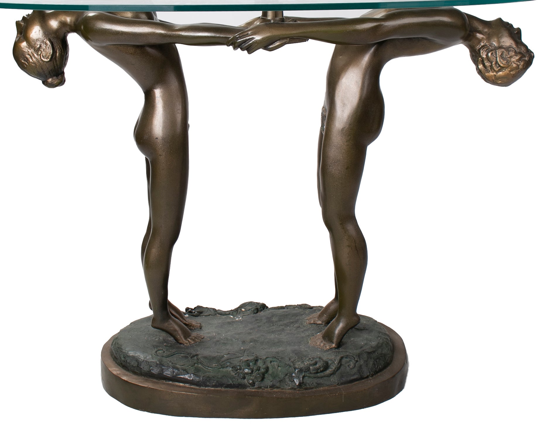 Mesa de Pedestal con Hombre y Mujer de Bronce con Tapa de Cristal, de los Años 80