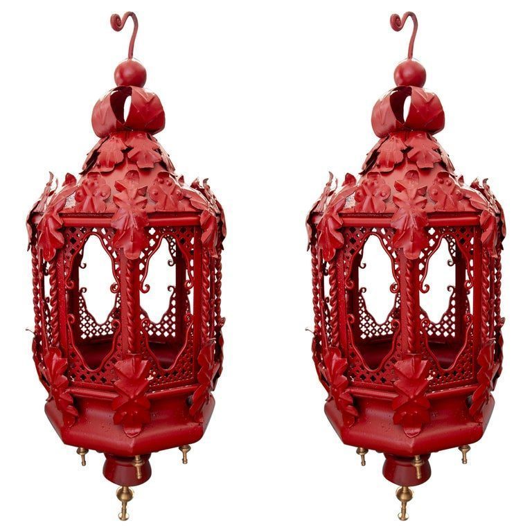 Farol Marroquí Meena Rojo - Hierro Forjado - 16x7x7 Cm - Para Velas - Decoración Oriental Y Mediterránea