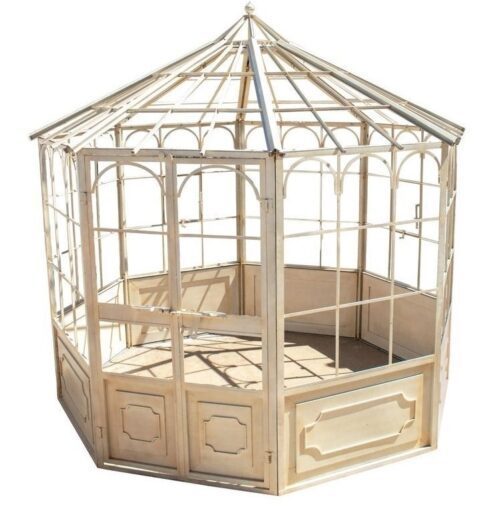 Invernadero octagonal de hierro de estilo francés con puerta y ventanas. Sin cristales