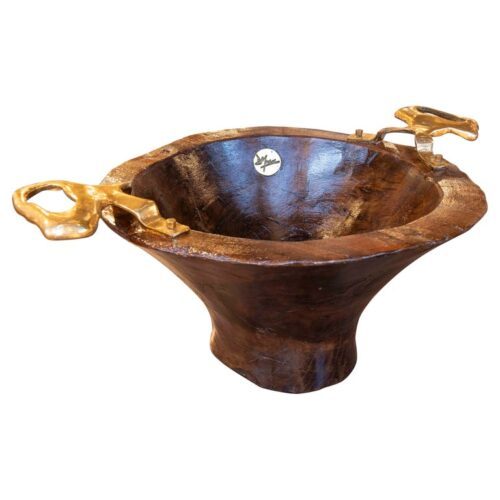 Centro de mesa de madera de los años 80 con asas de bronce Firmado por David Marshall