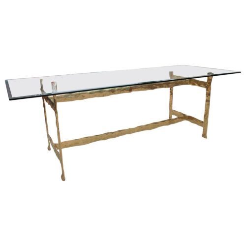 Mesa de comedor David Marshal de los años 80 con estructura de latón martillado y tablero de cristal