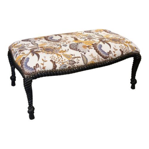 Banco tapizado de los años 90 con patas en espiral y tela floral de estilo vintage