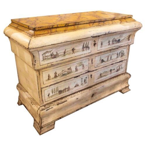 Cómoda italiana del siglo XIX pintada a mano con escenas campestres