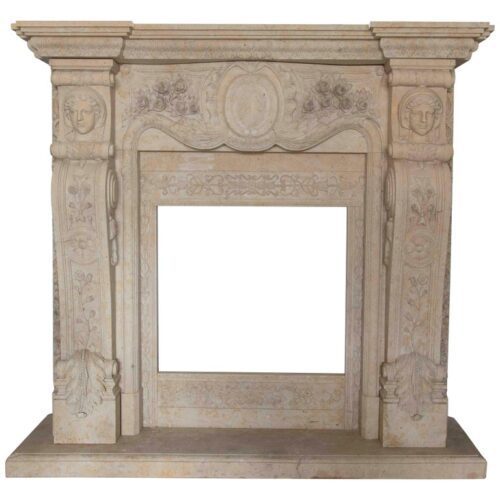 Chimenea Monumental de Mármol Tallada a Mano con Caras y Motivos Florales