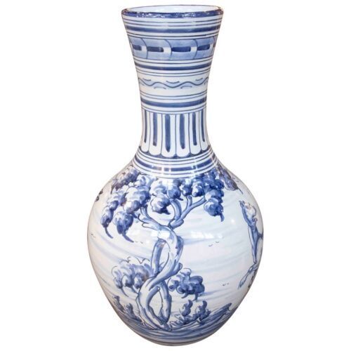 Jarrón de Talavera Pintado a Mano, Cerámica Azul y Blanca, Clásico 1990